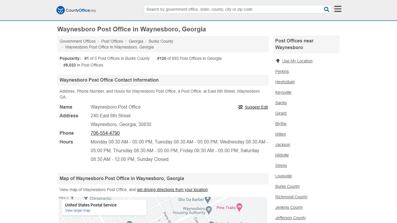 Waynesboro Post Office - Waynesboro, GA (Address, Phone, and Hours)